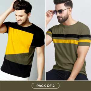 Pack of 2 Men Colorblock Round Neck Cotton Blend Black, Dark Green, Yellow T-Shirt