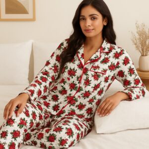 Night PJ Set – White and Crimson Rose